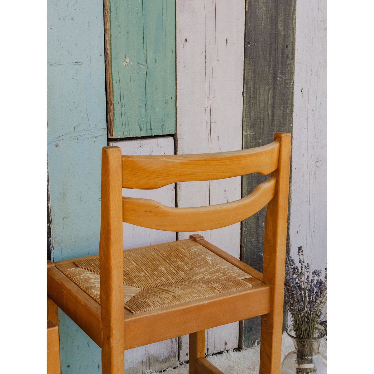 Lot de 4 chaises en bois et paille Claude N°1388 - Bon état bois clair, DEBONGOUT
