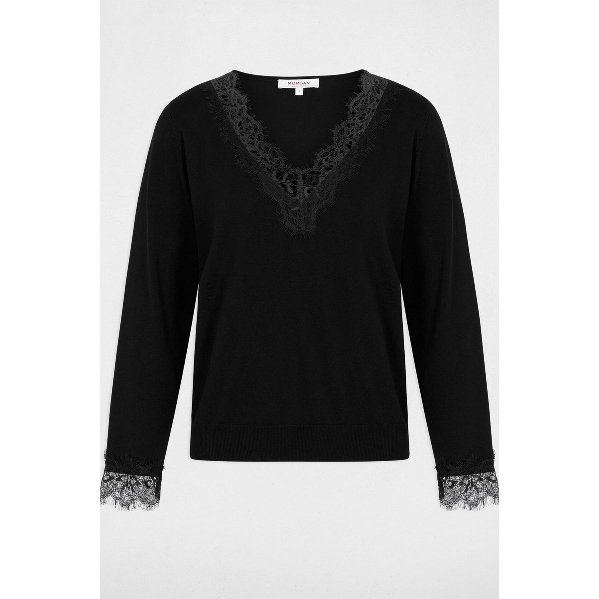 Pull col v dentelle noir, MORGAN