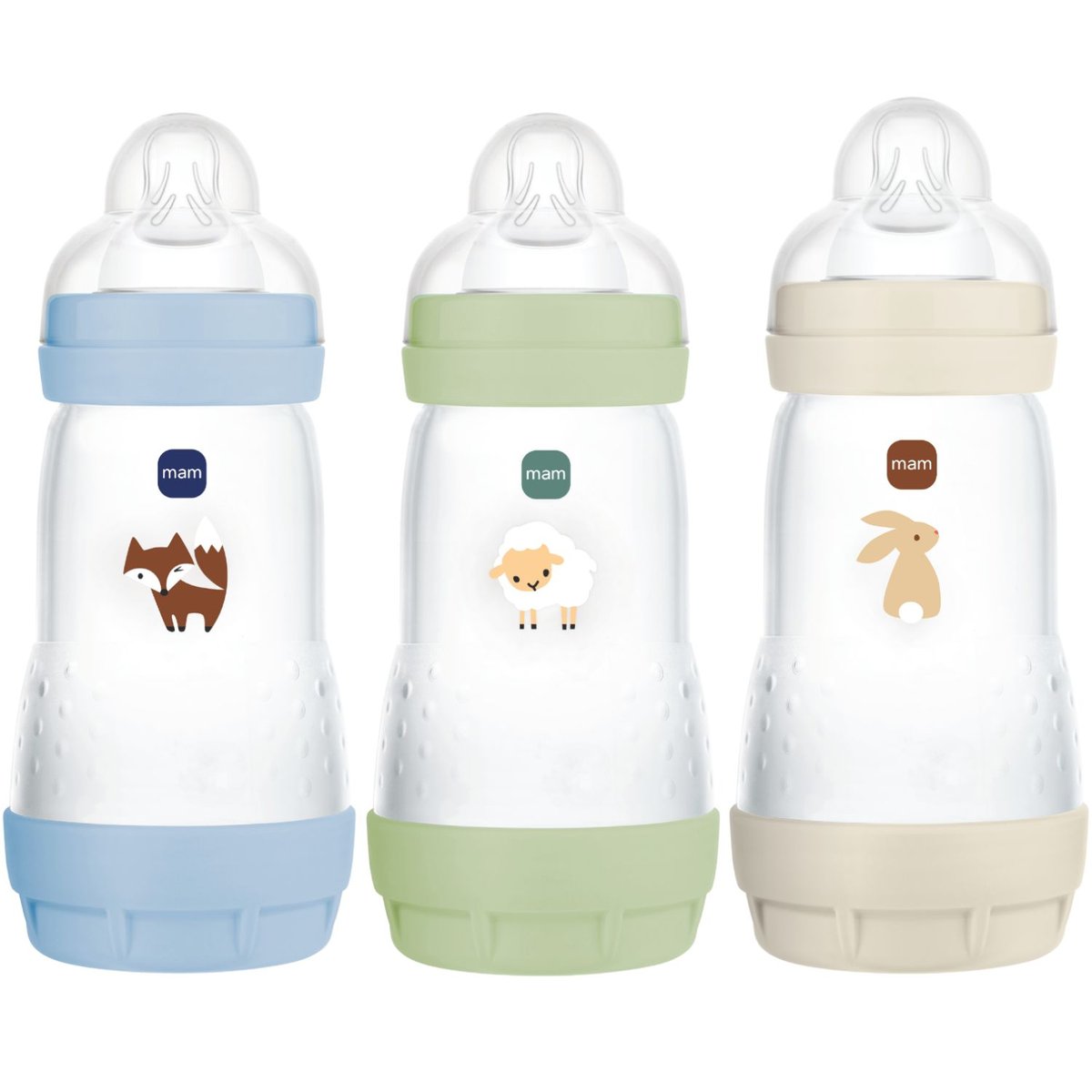 Lot de 3 biberons bleu, vert, beige, MAM