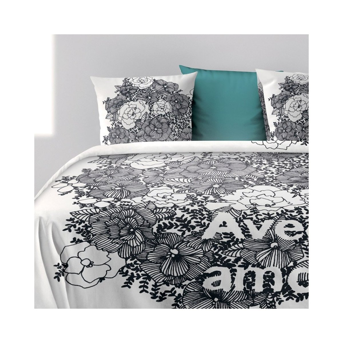 Housse de couette 260x240 Avec Amour + 2 taies coton bio 47 fils blanc, DECORATIE