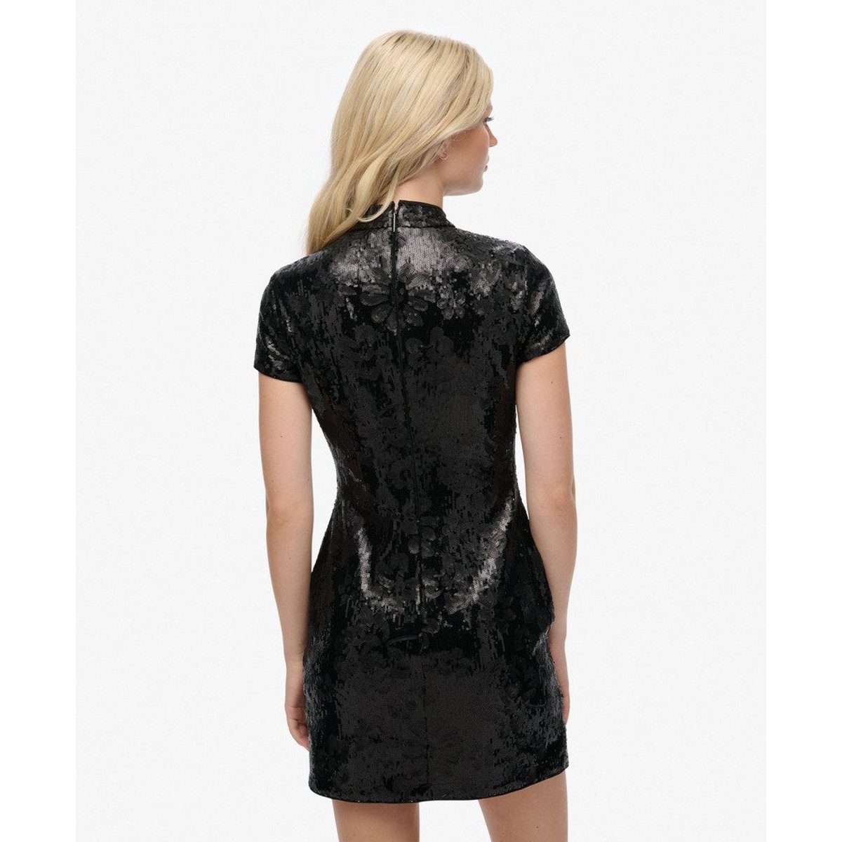 Mini-robe à sequins avec col Mao sequins noirs, SUPERDRY