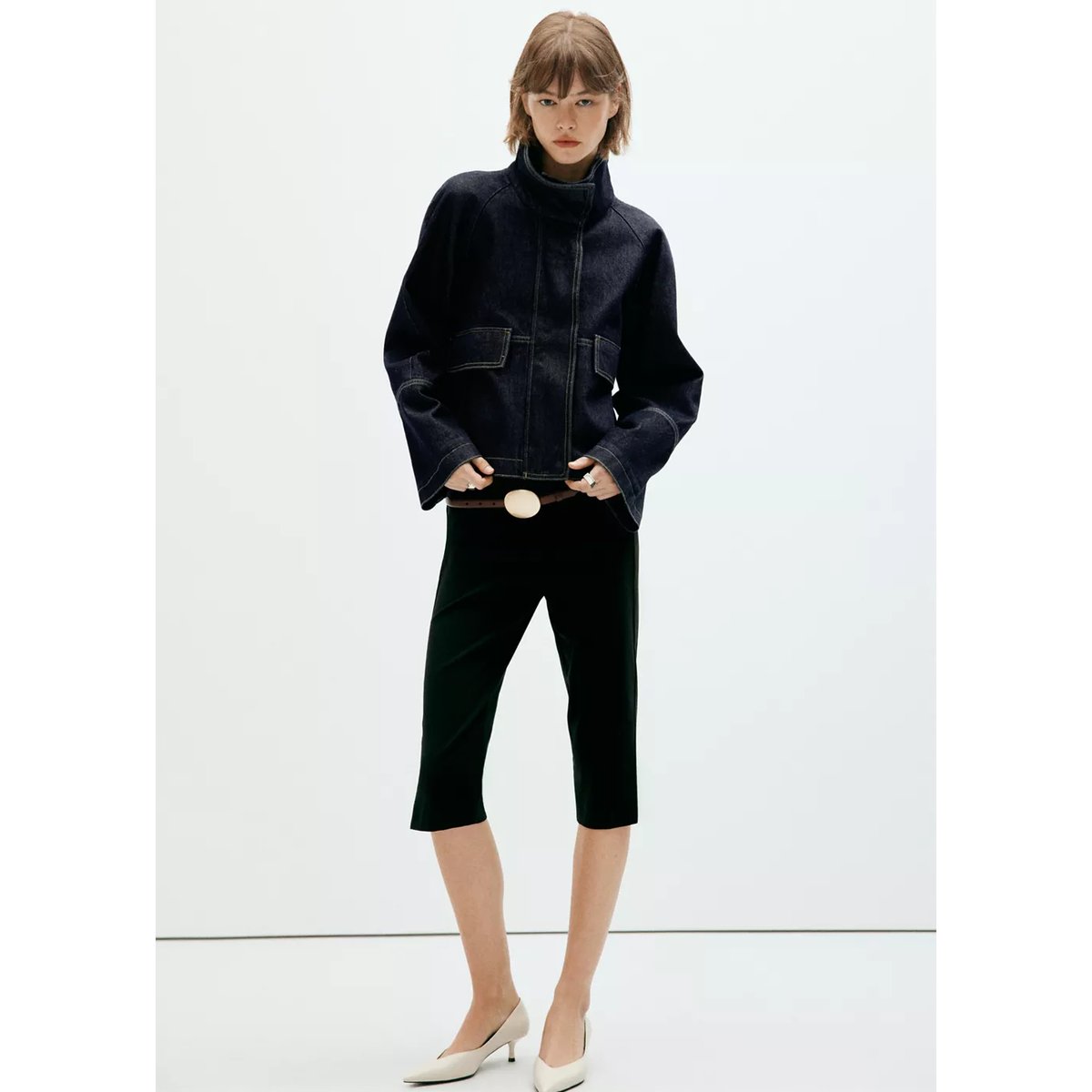 Veste en jean col cheminée bleu, MANGO