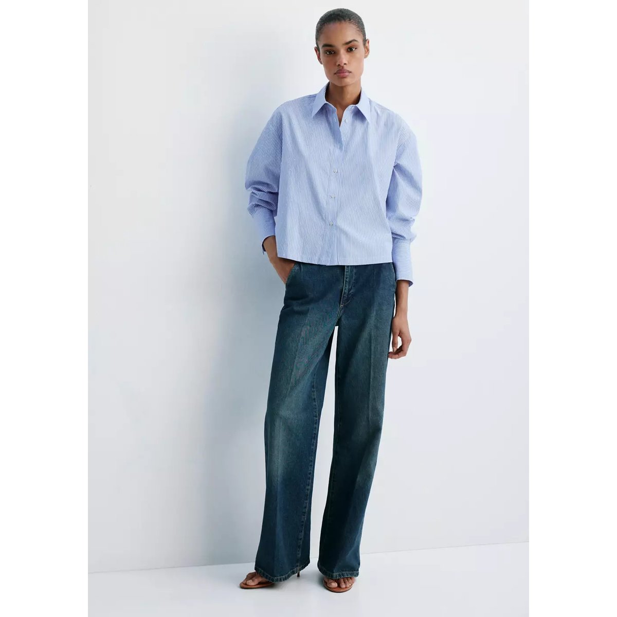 Chemise rayée avec strass bleu ciel, MANGO