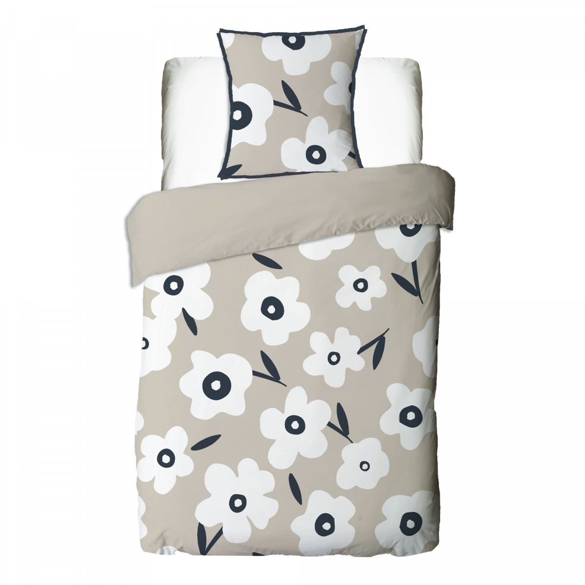 Parure de lit 1 personne en coton imprimé fleurs LENA beige, FUTURE HOME