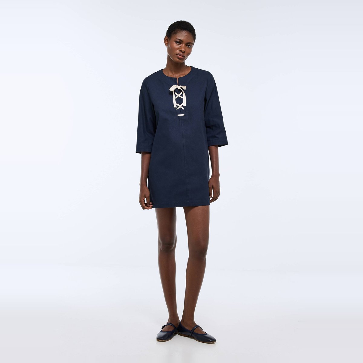 Robe courte, manches longues avec laçage en coton BIO GOTS marine, MONOPRIX