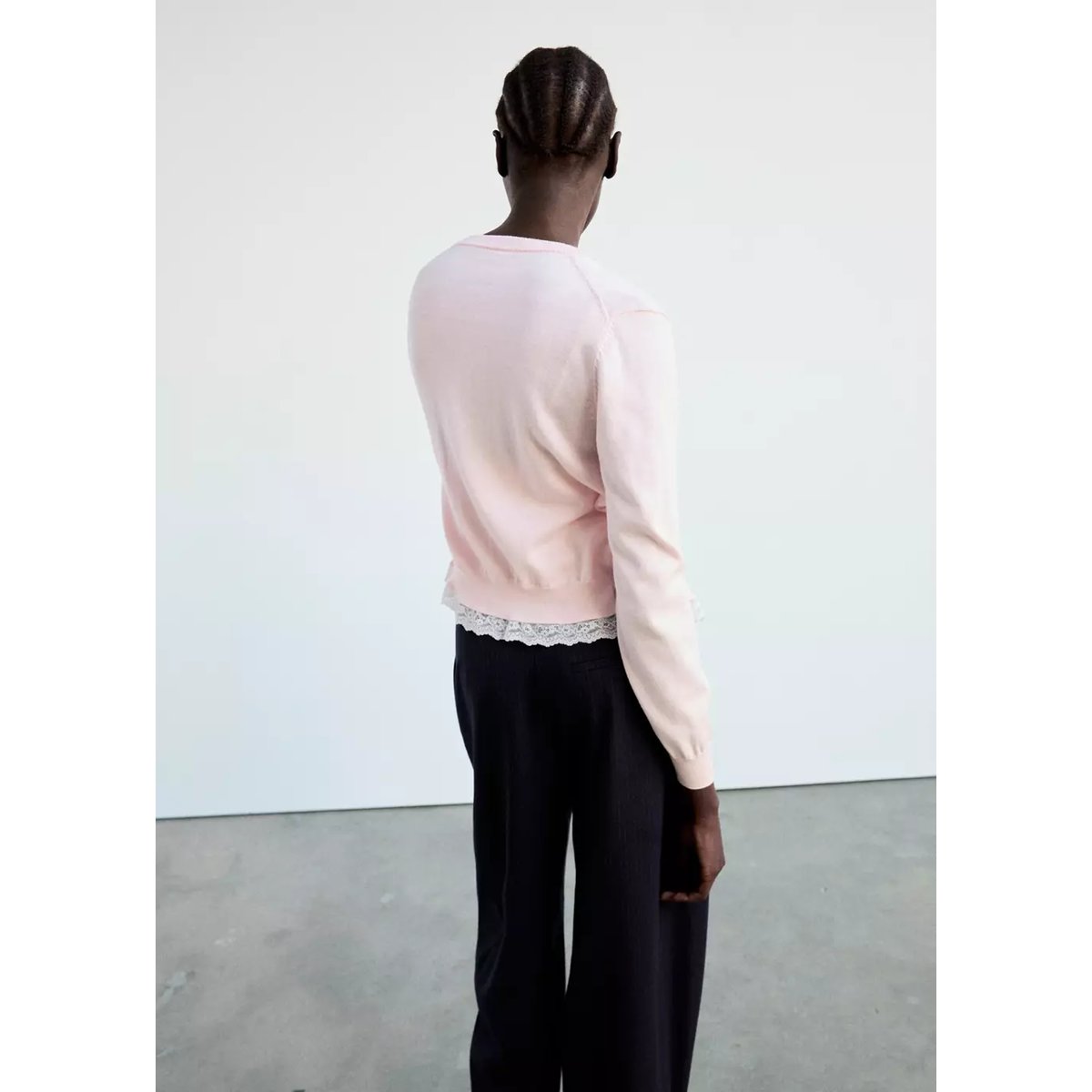 Cardigan en maille avec détail de dentelle rose pastel, MANGO