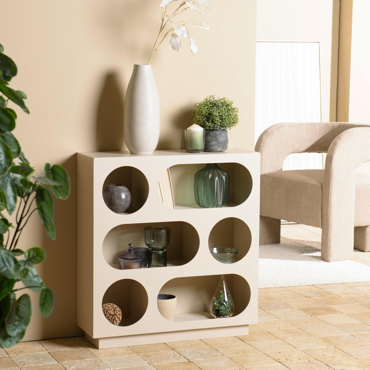 Buffet 70x23cm 6 niches en bois peint beige CASTILLE taupe, PIER IMPORT