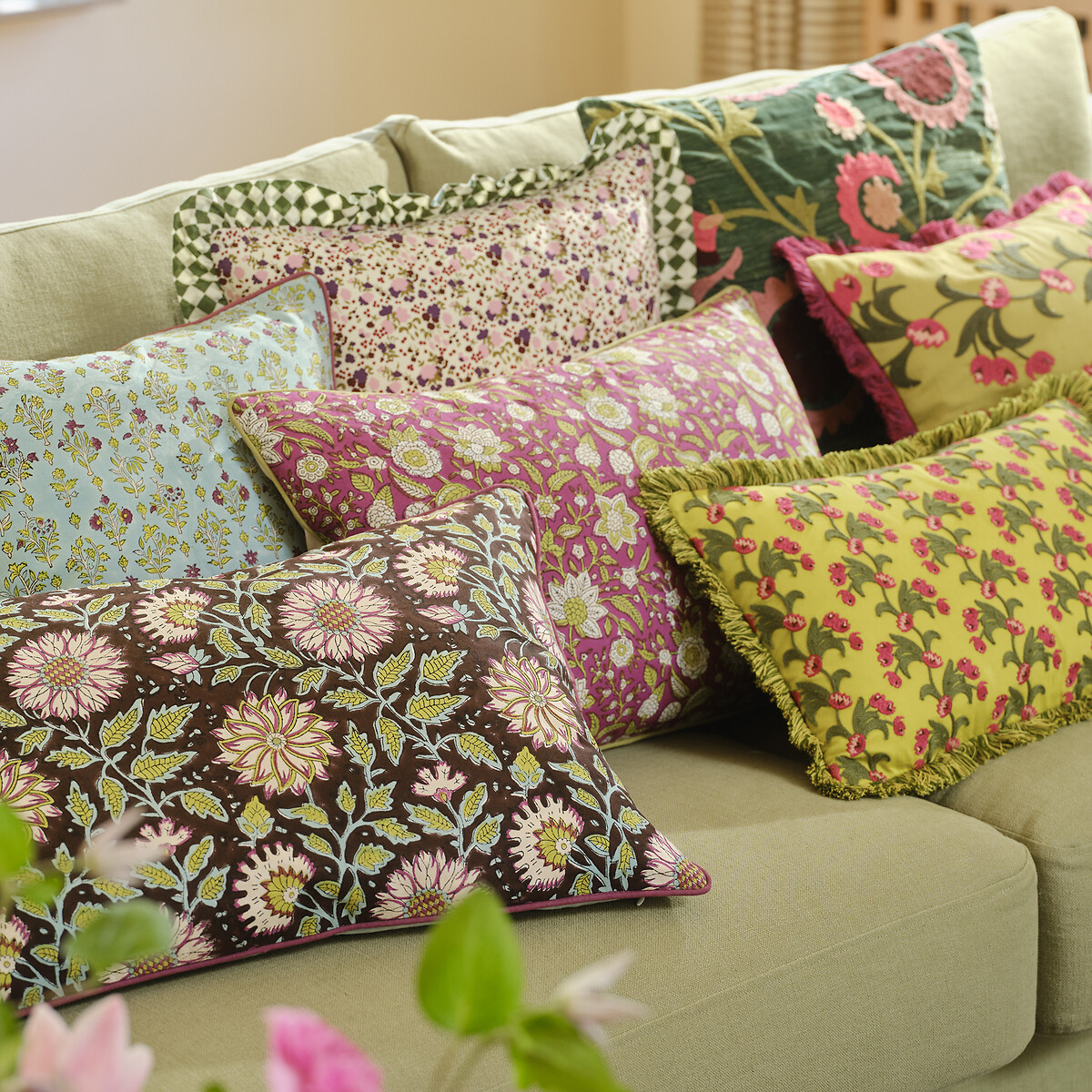 Housse de coussin coton, rectangulaire, brodée, MILZI jaune, LA REDOUTE INTERIEURS