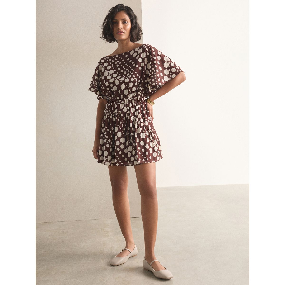 Mini robe cintrée à manches kimono pois marron chocolat, NEXT