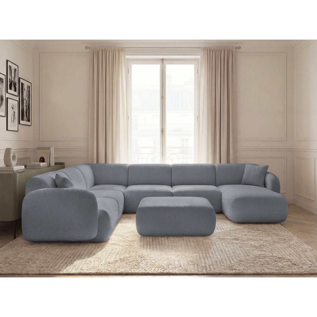 Canapé modulable 6 places en tissu chenille, ANDA gris, BOBOCHIC