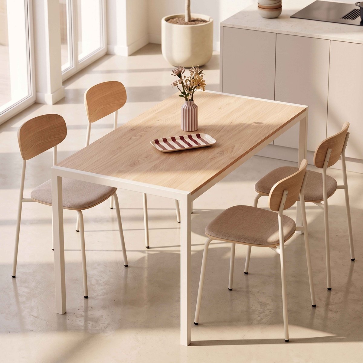 Table à manger 140 cm 4 places en MDF avec finition mélamine, LIPA blanc, OVIALA