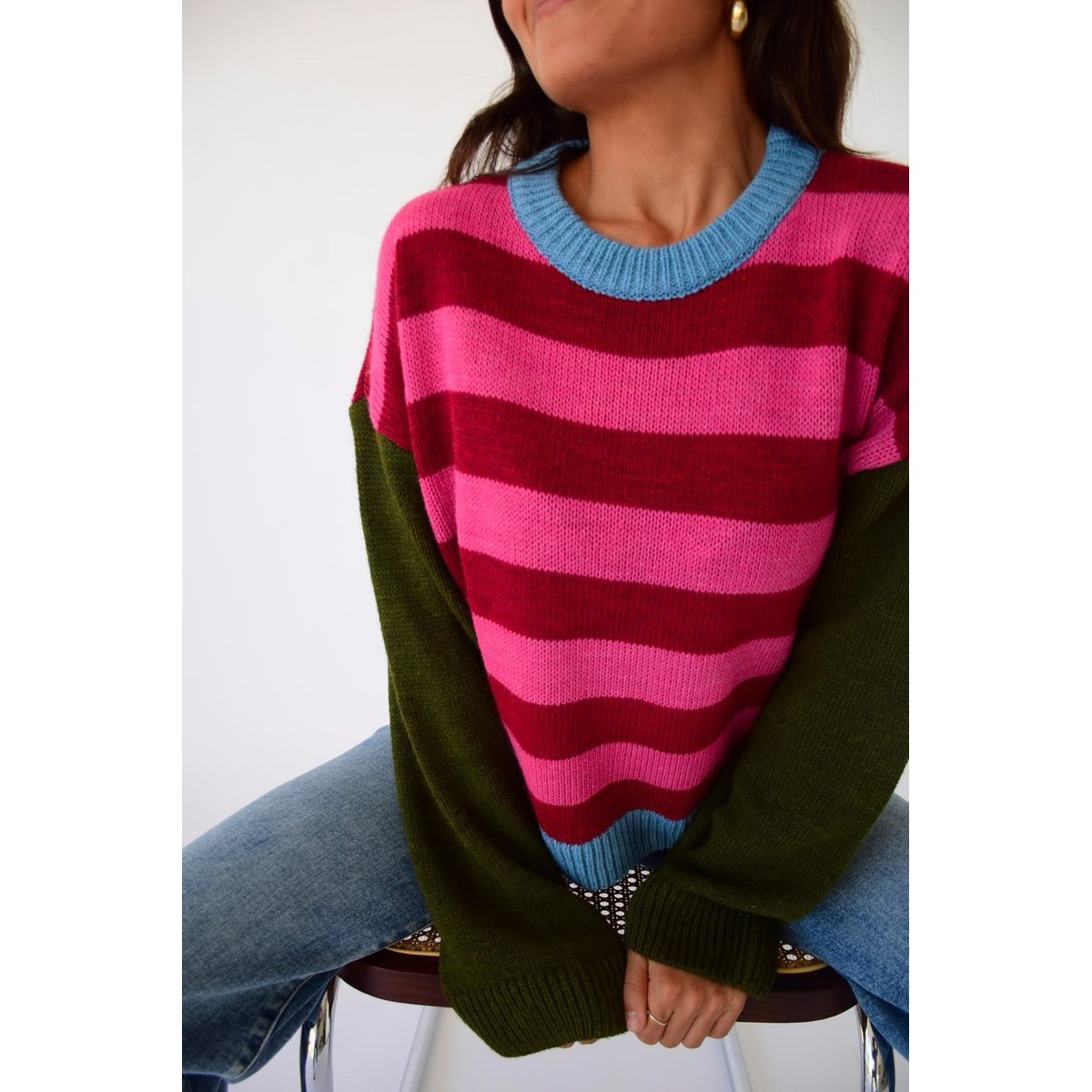 Pull rayé manches contrastées ABRIL rose / bordeaux, MINDTRAVELER