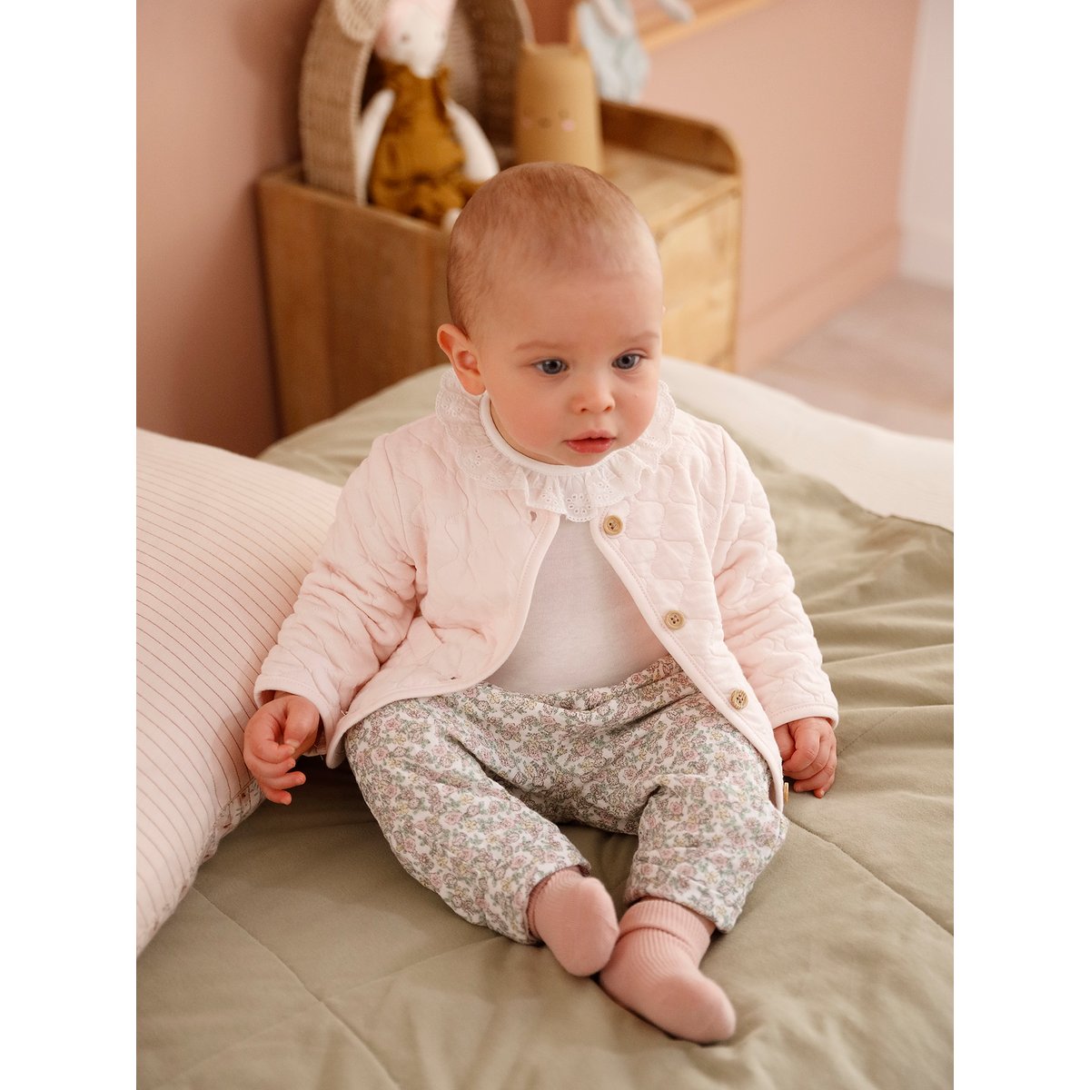 Gilet bébé matelassé en gaze de coton double face rose pâle, VERTBAUDET