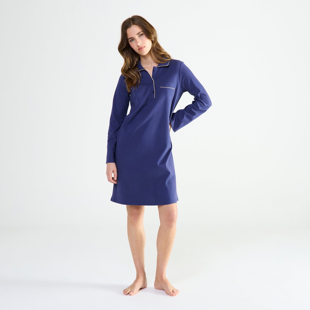 Chemise de nuit col polo en coton MYSTÉRIEUSE marine, LAURENCE TAVERNIER