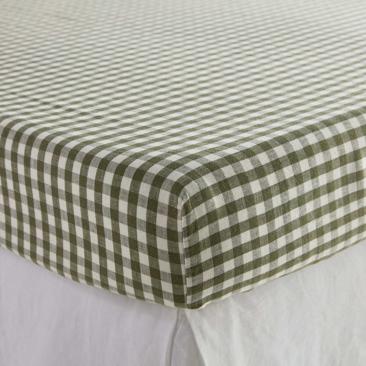 Drap-housse en lin lavé, bonnet 30 cm, à carreaux, ACÉLIE kaki, LA REDOUTE INTERIEURS