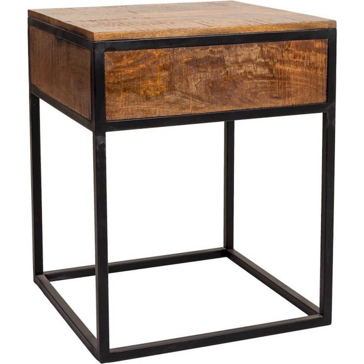Table de chevet carrée en bois et métal bois foncé et noir mat, RECOLLECTION