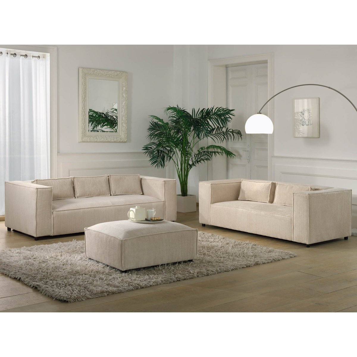 Stella - Ensemble de canapés droits 2+3 places velours côtelé beige, LISA DESIGN