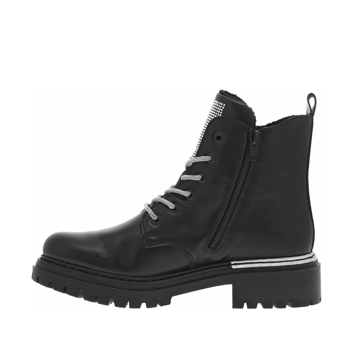 Bottines noires à talon décroché bas avec un zip et des lacets ronds noires, RIEKER