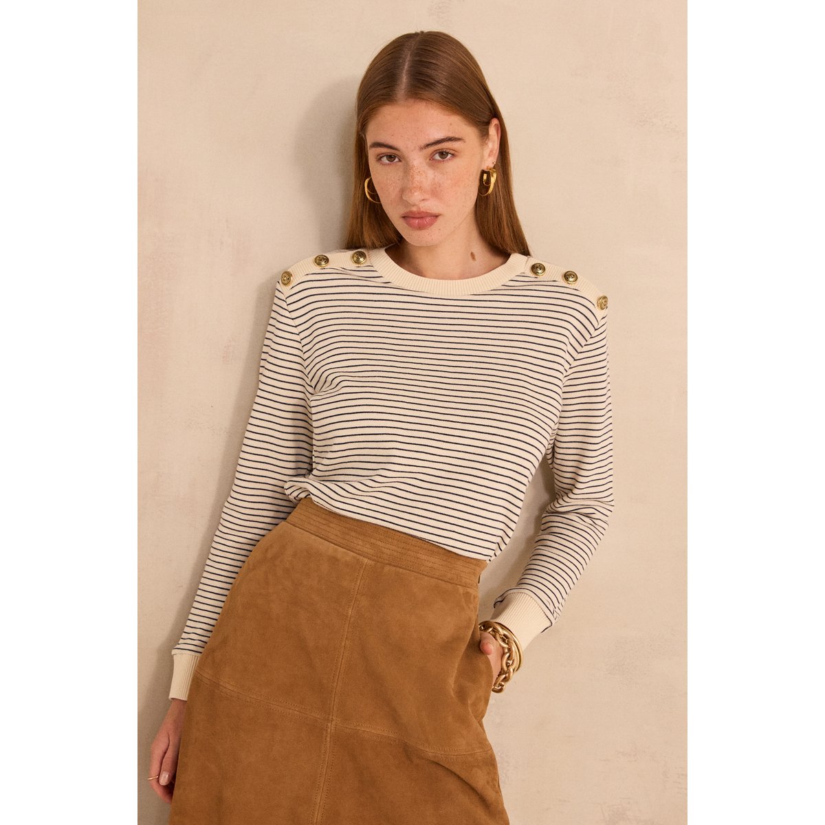 T-shirt marinière à manches longues en coton TALIA creme, Maison 123