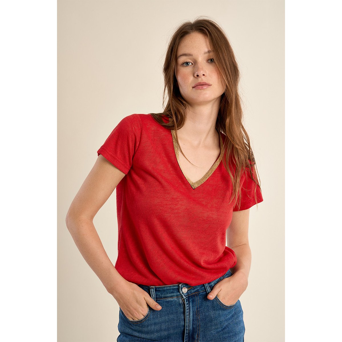 T-shirt col V, doré rouge, MOLLY BRACKEN