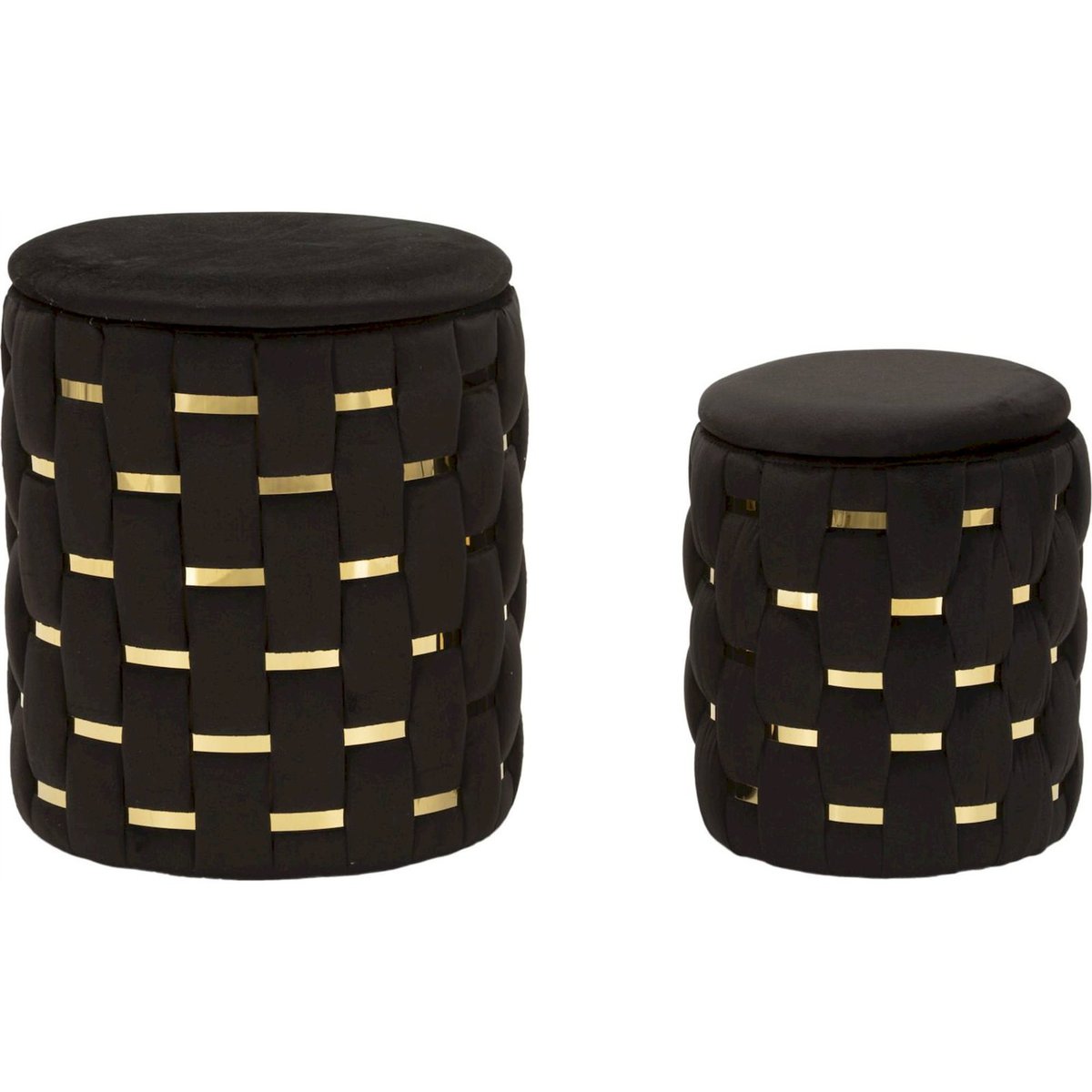 Lot de 2 poufs ronds tressés avec rangement GLAM noir et doré, RECOLLECTION