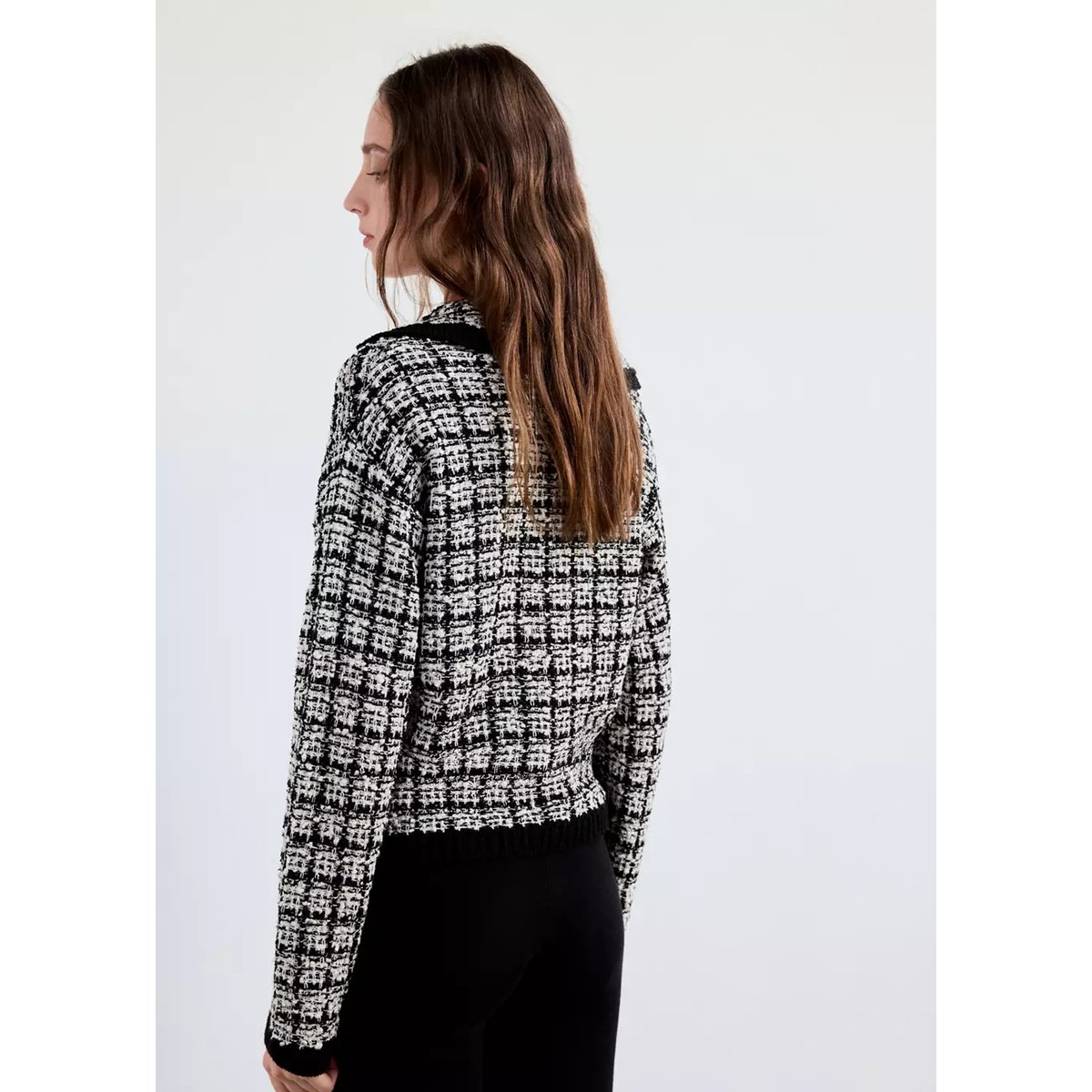 Pull en tweed col polo noir, MANGO