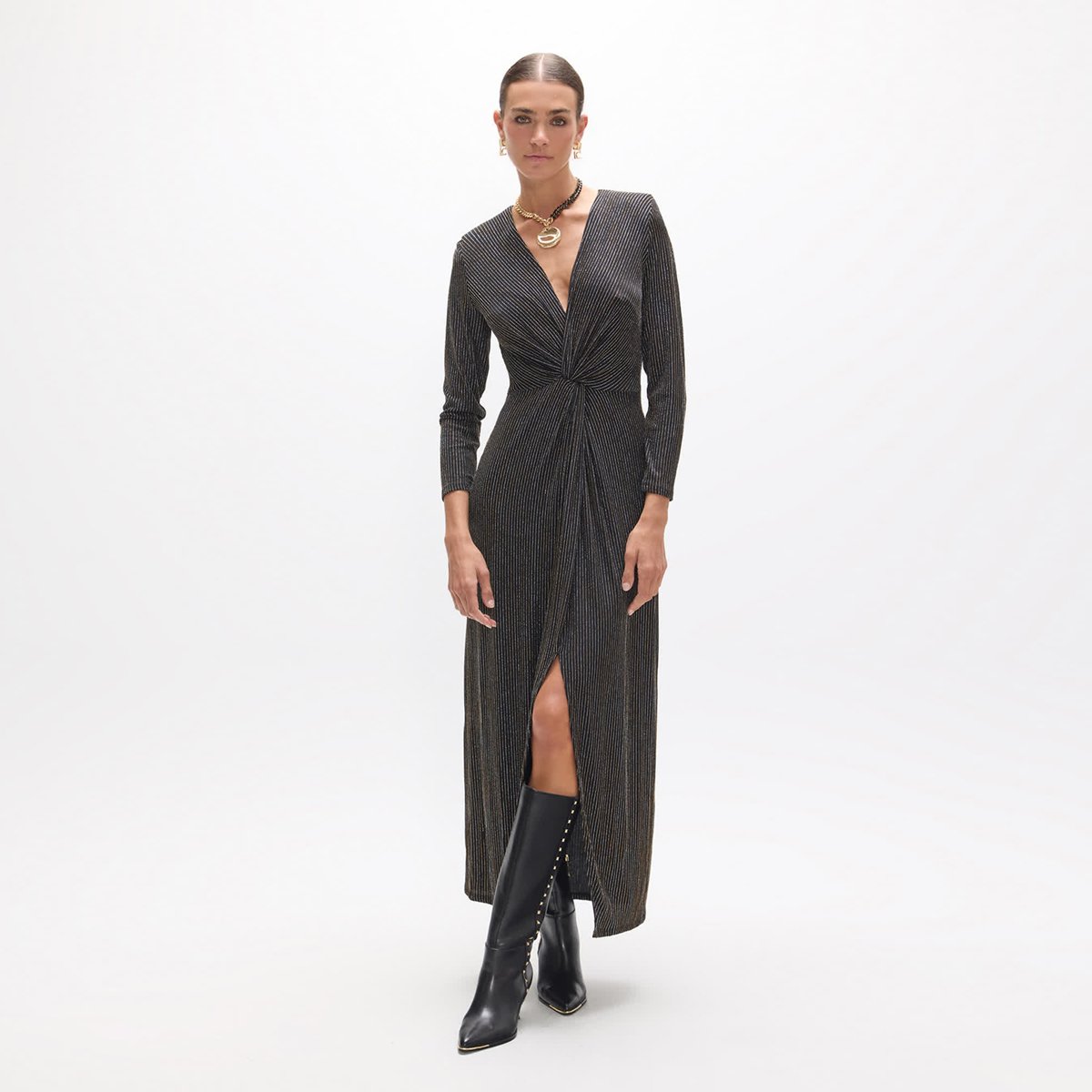 Robe longue col en V nÅ“ud central à fente latérales noir, LOLA CASADEMUNT