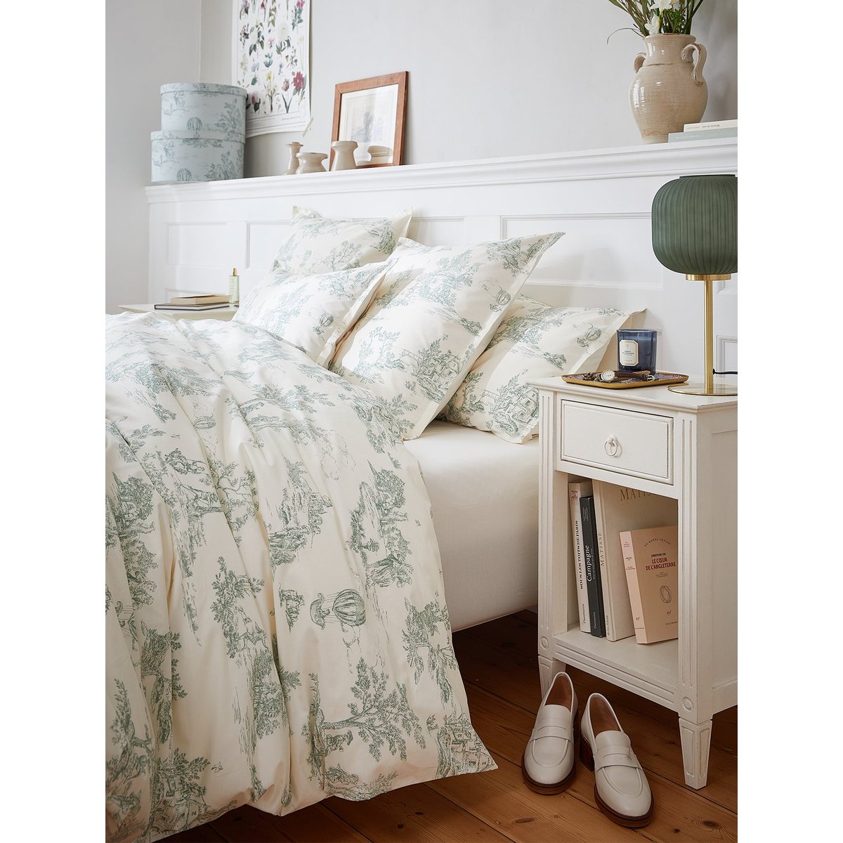 Housse de couette esprit toile de Jouy en percale de coton jouy vert, CYRILLUS