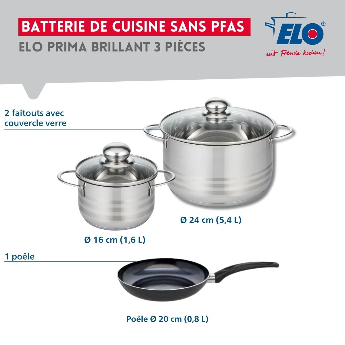 Batterie 1 poêle 20cm + 2 faitouts 16/24cm PRIMA BRILLANT noir, ELO