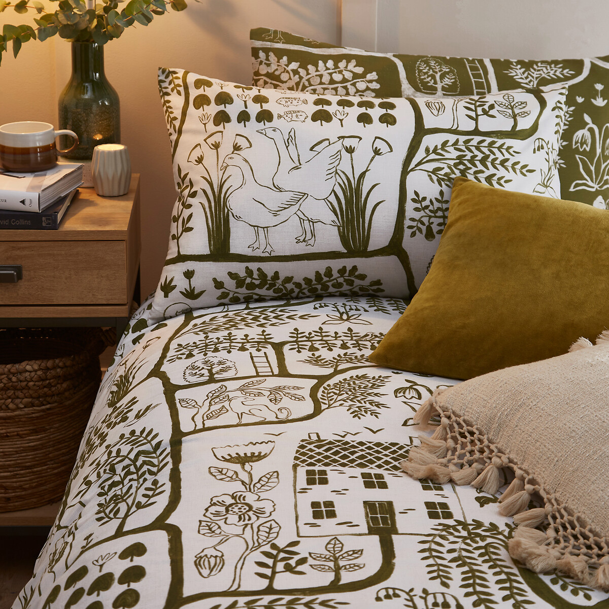 Frida Floral Reversible Cotton Mix Duvet Cover and Pillowcase Set moss green , FURN.