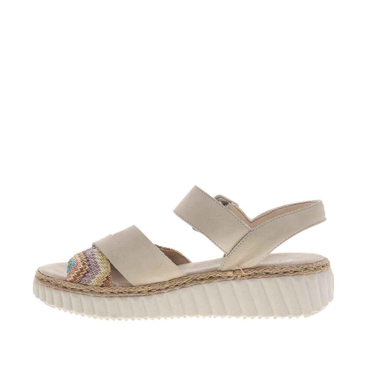 Nu-pieds beiges à semelle compensée et une fermeture à boucle à ardillon beige, RIEKER