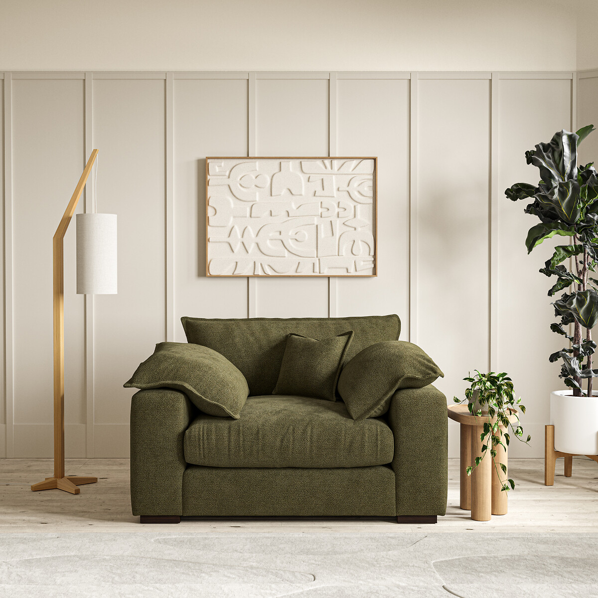 Camille Bouclé Snuggle Chair with Walnut Feet dark olive, ÉDITÉ