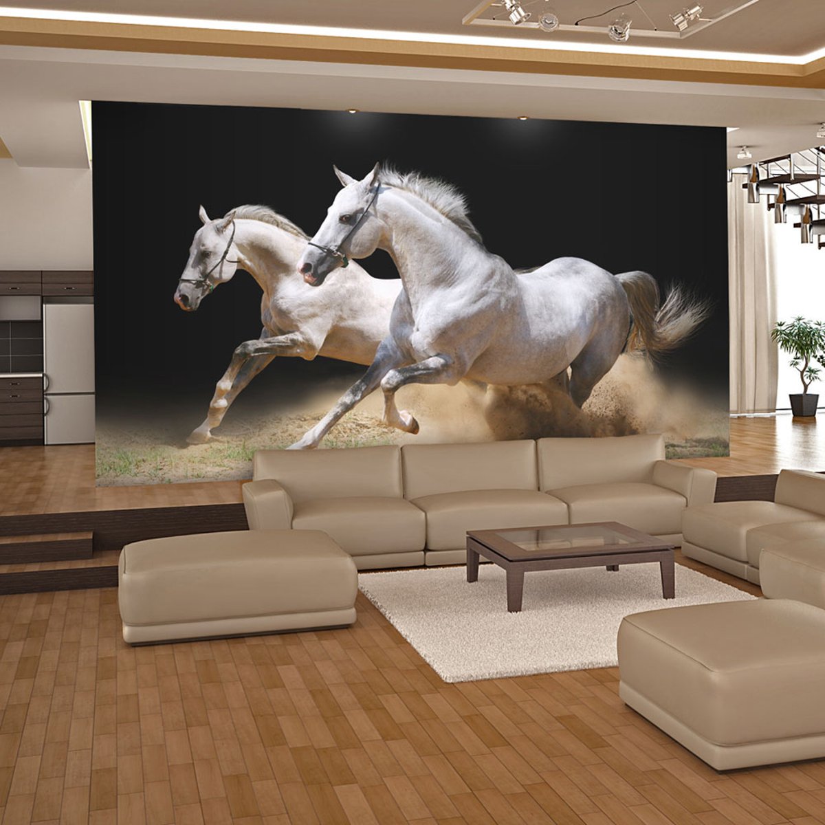 Papier peint intissé panoramique Animaux Chevaux au galop sur du sable beige, EDEN