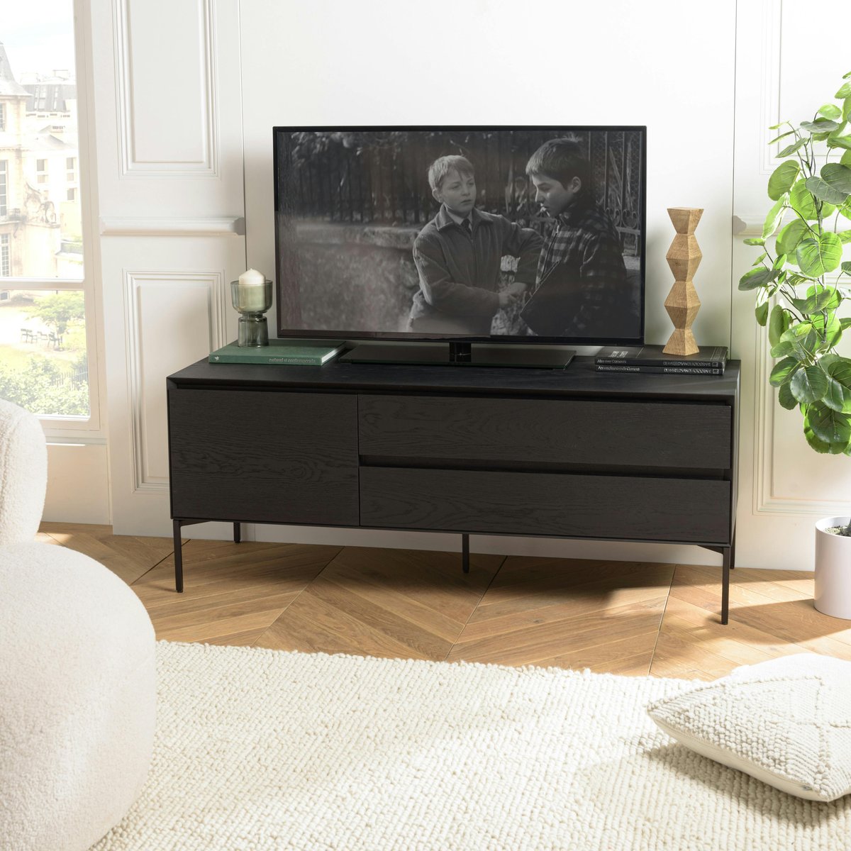 Meuble TV contemporain bois couleur noire 1 porte 2 tiroirs MAYENCE noir, PIER IMPORT