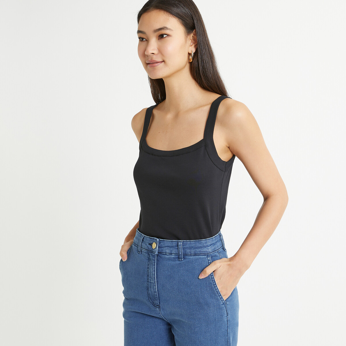 Tank Top mit Karree-Ausschnitt, reine gekämmte Baumwolle schwarz, ANNE WEYBURN