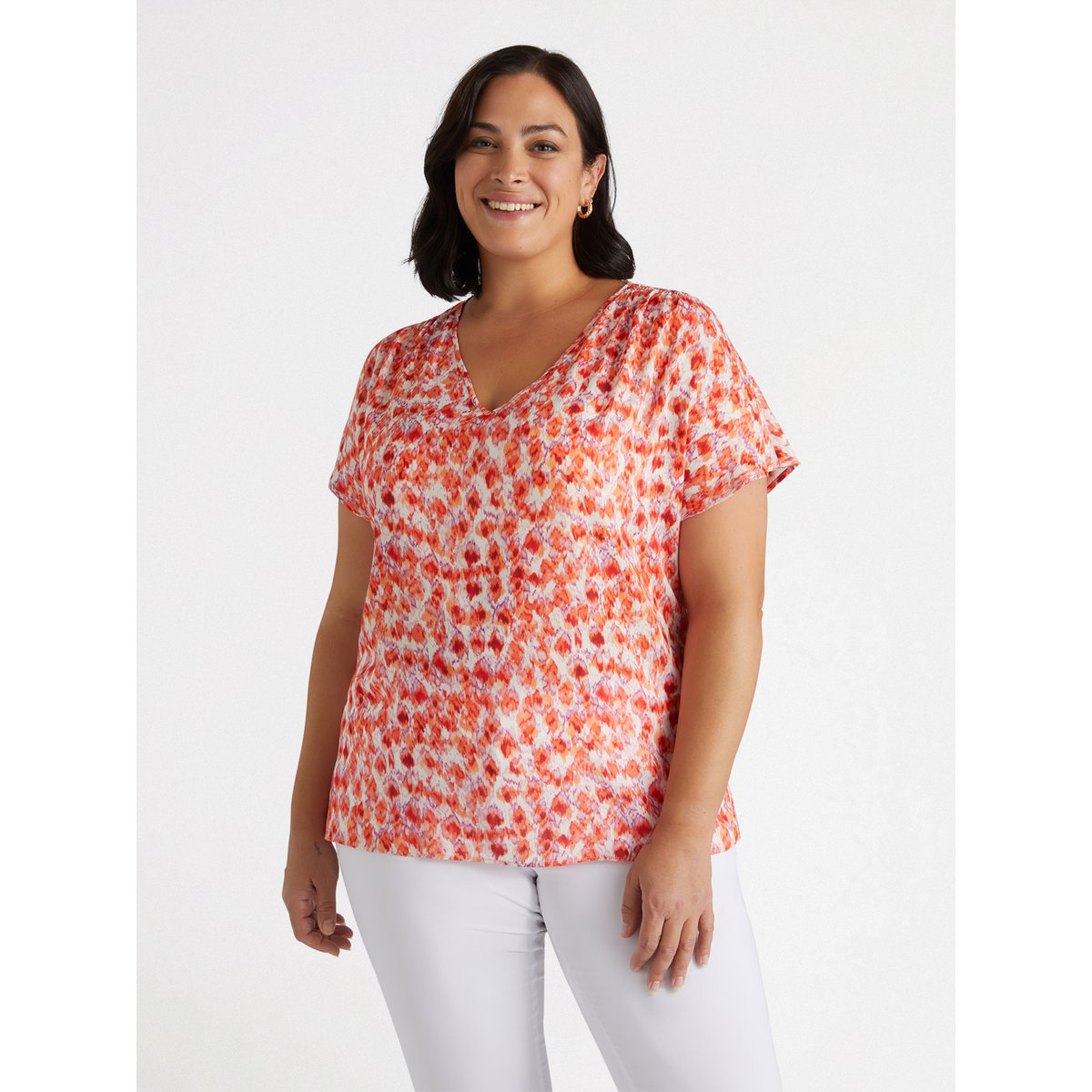 Blouse imprimée à col V orange soleil, FIORELLA RUBINO