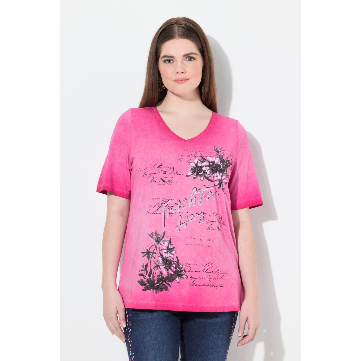 T-shirt à motif edelweiss. Encolure V et framboise, ULLA POPKEN