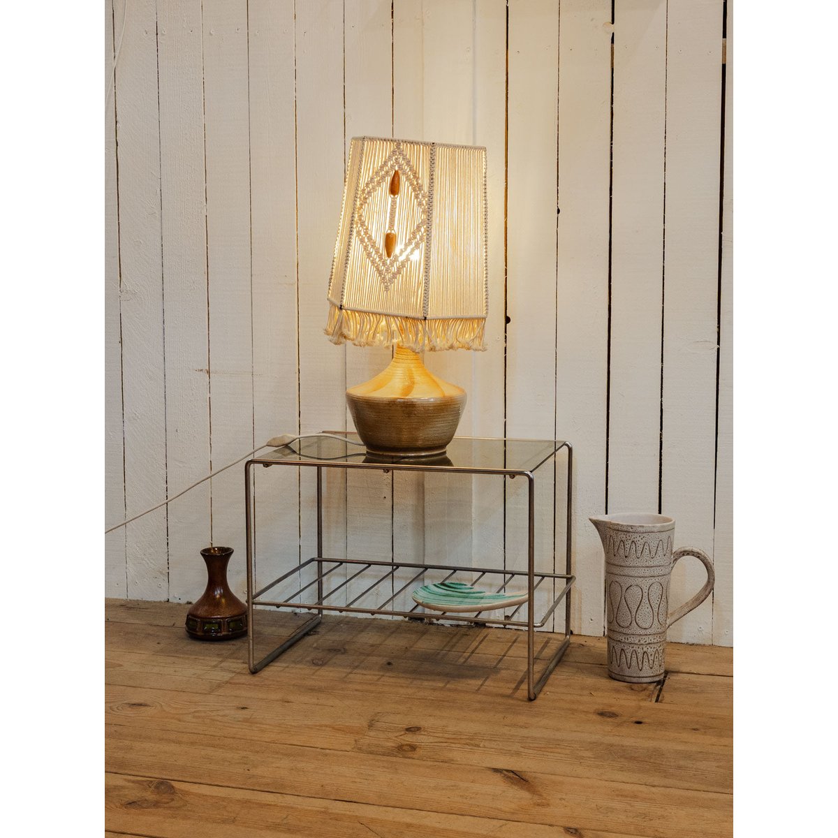 Lampe à poser en céramique et macramé Julia N°1134 - Bon état beige, DEBONGOUT
