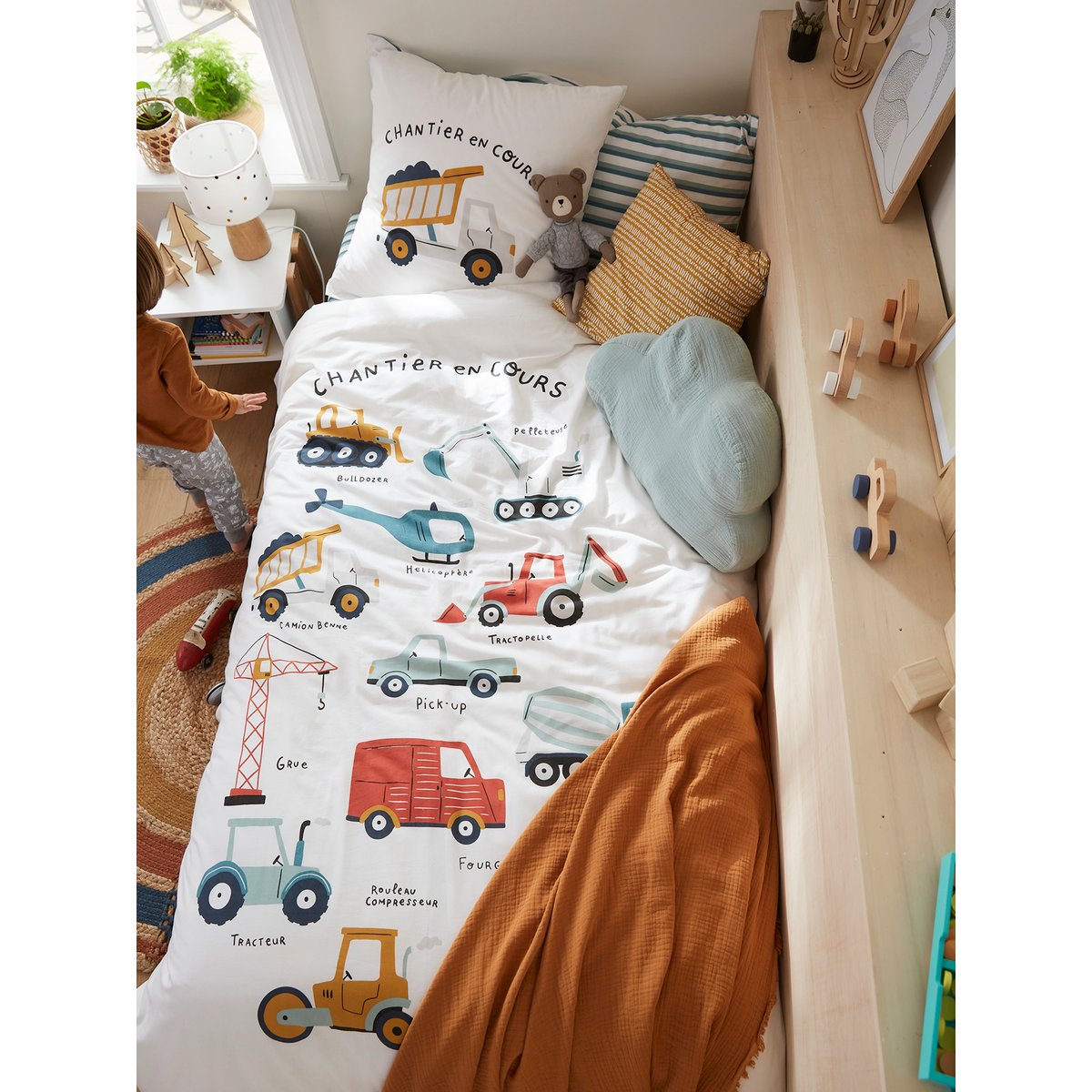 Parure housse de couette + taie d'oreiller QUeL CHANTIER ! écru / multicolore, VERTBAUDET