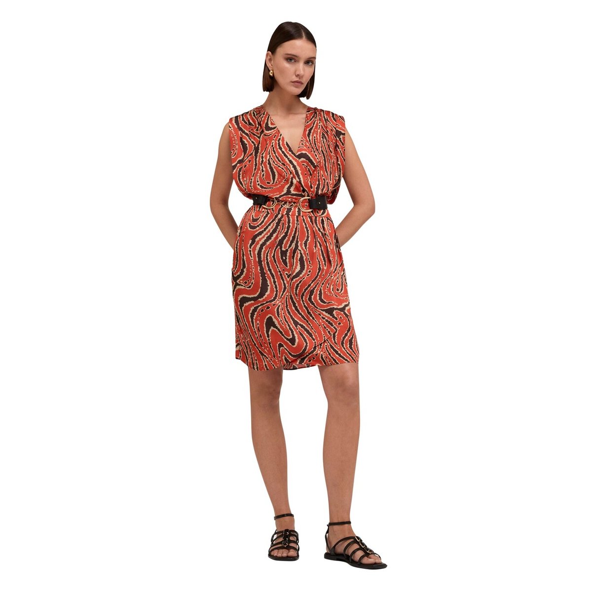 Robe courte croisée en satin imprimé orange soleil, MOTIVI