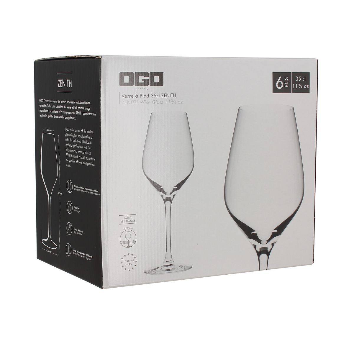 Lot de 6 verres à pieds 35cl, ZENITH transparent, OGO LIVING