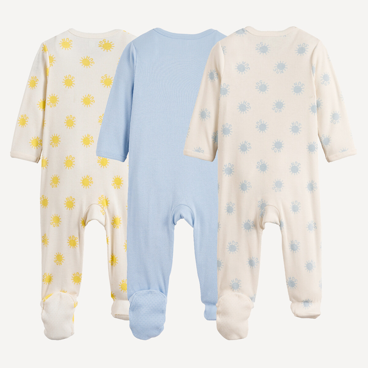 Lot de 3 pyjamas 1 pièce, en fines côtes, motif soleils assortis, LA REDOUTE COLLECTIONS