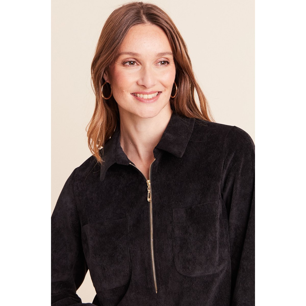 Robe droite courte velours col chemise noir, BREAL