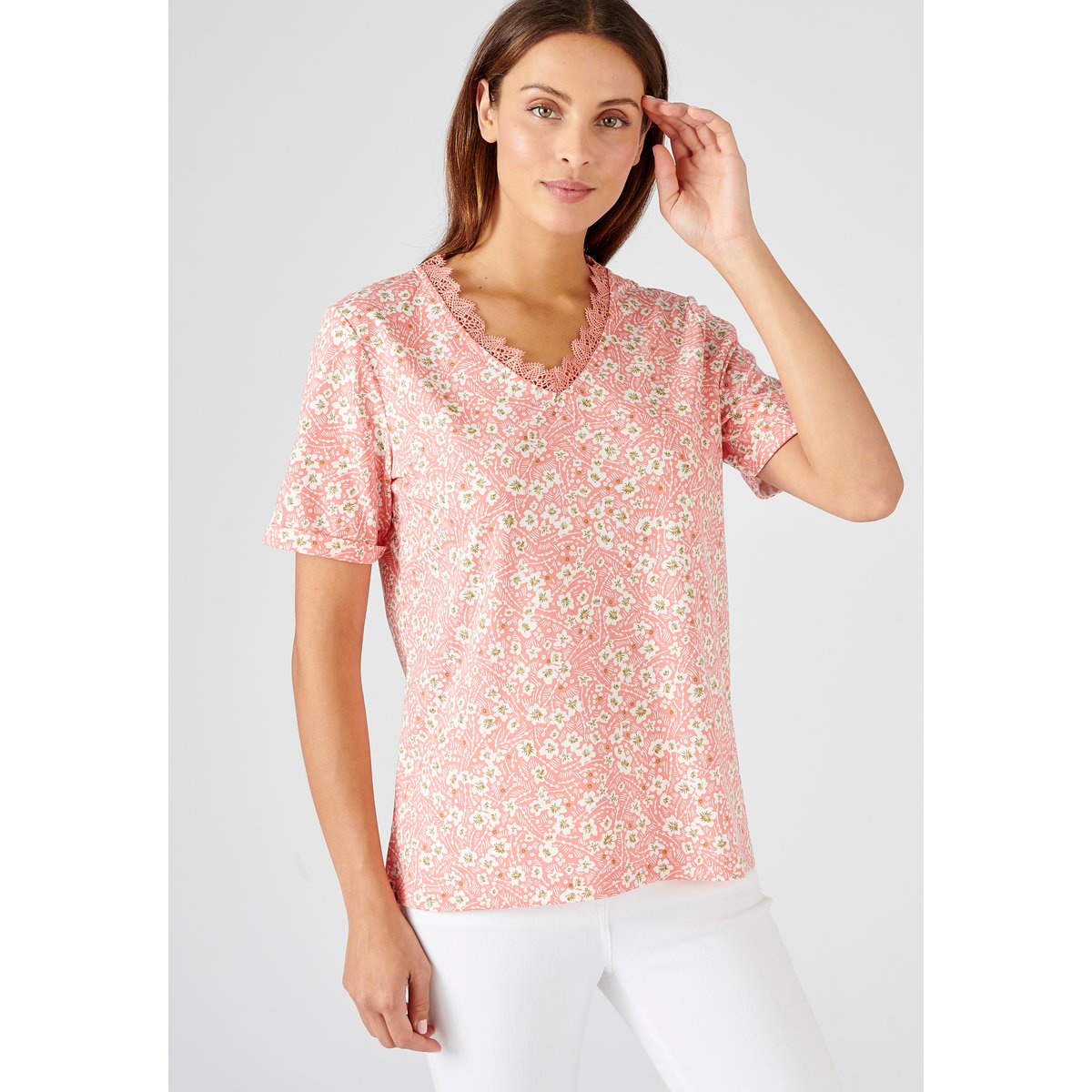 Tee-shirt imprimé détails dentelle orange corail fleuri, DAMART