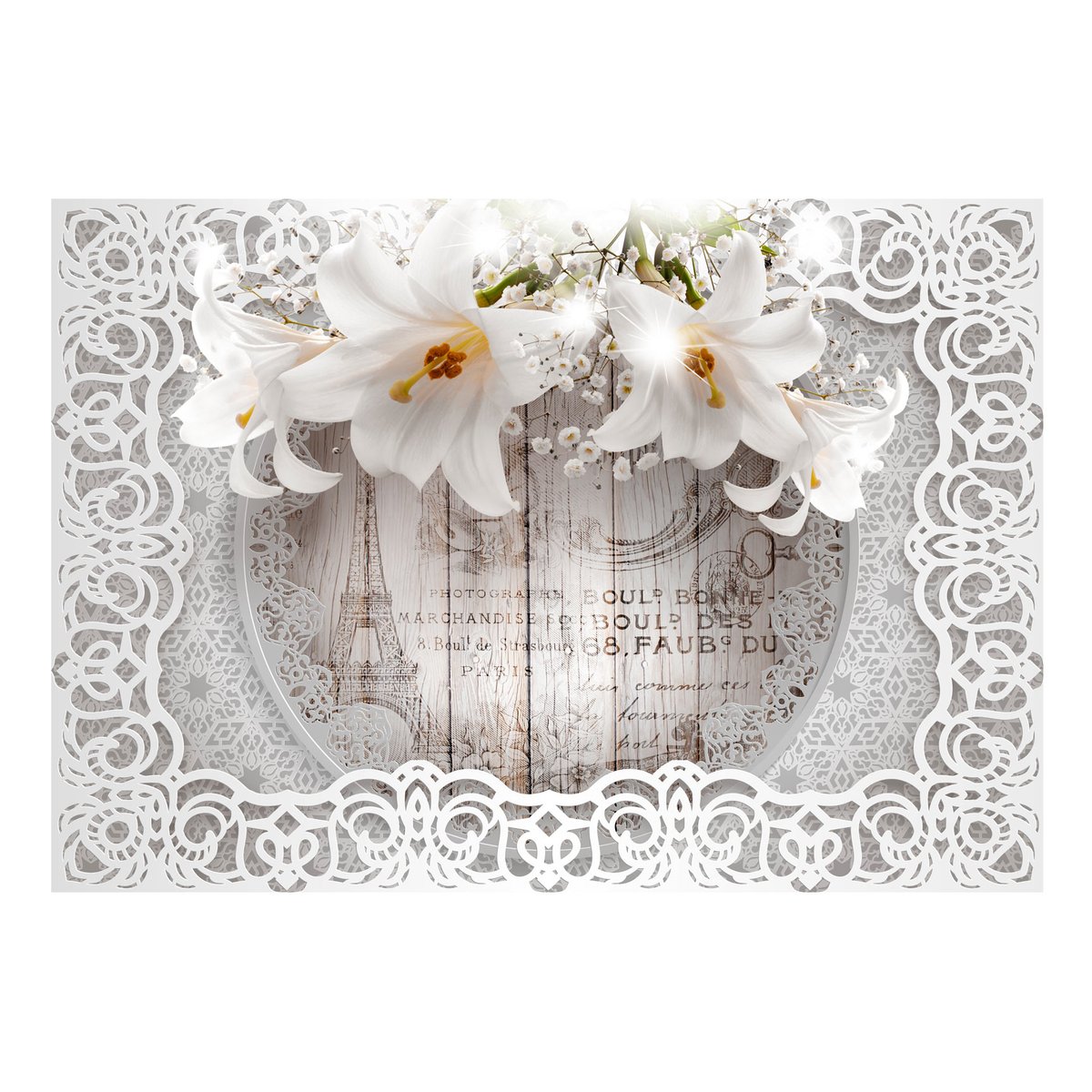 Papier peint intissé panoramique Fleurs Lilies and Wooden Background jaune / doré, EDEN