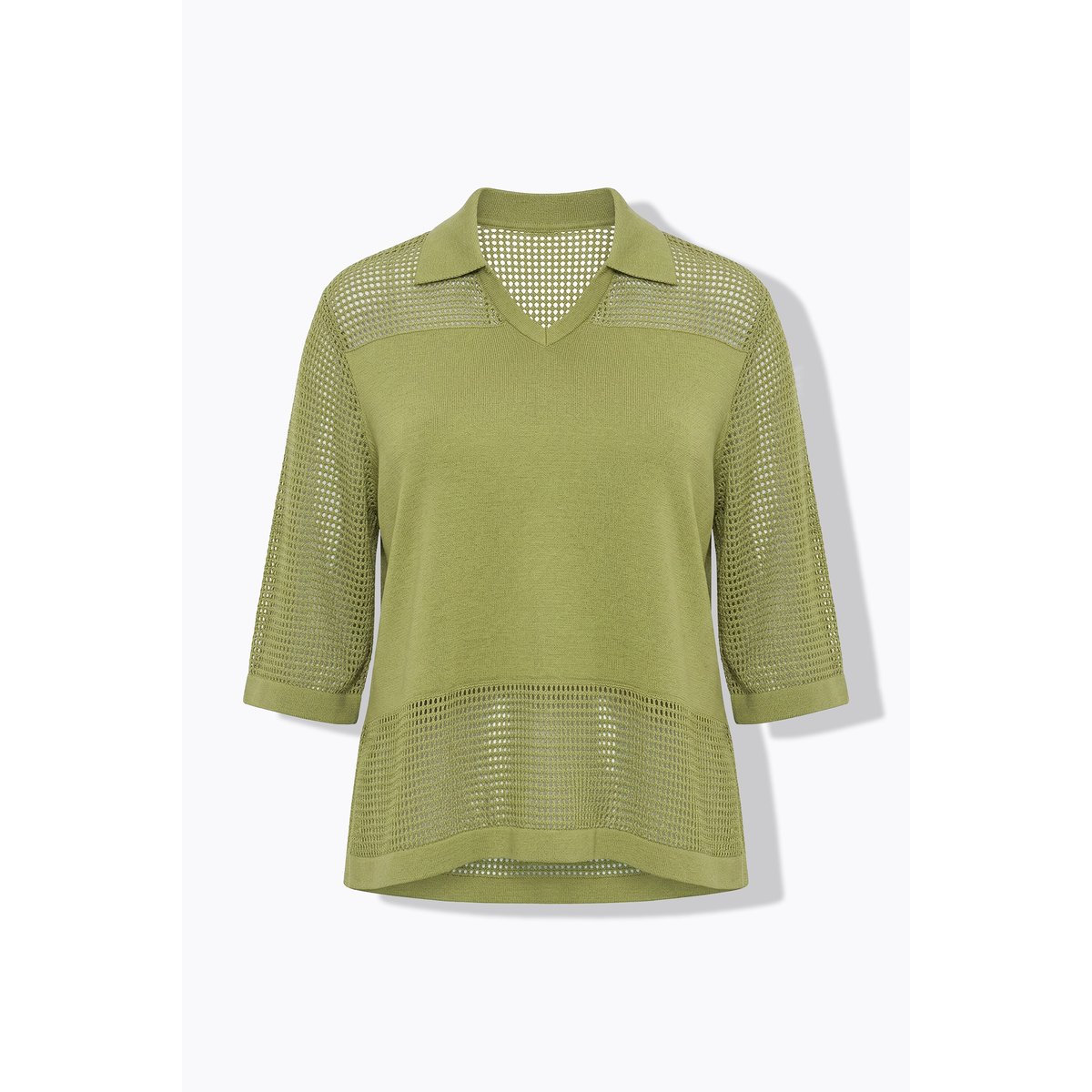 T-shirt en maille ajourée, col V pistache, ULLA POPKEN