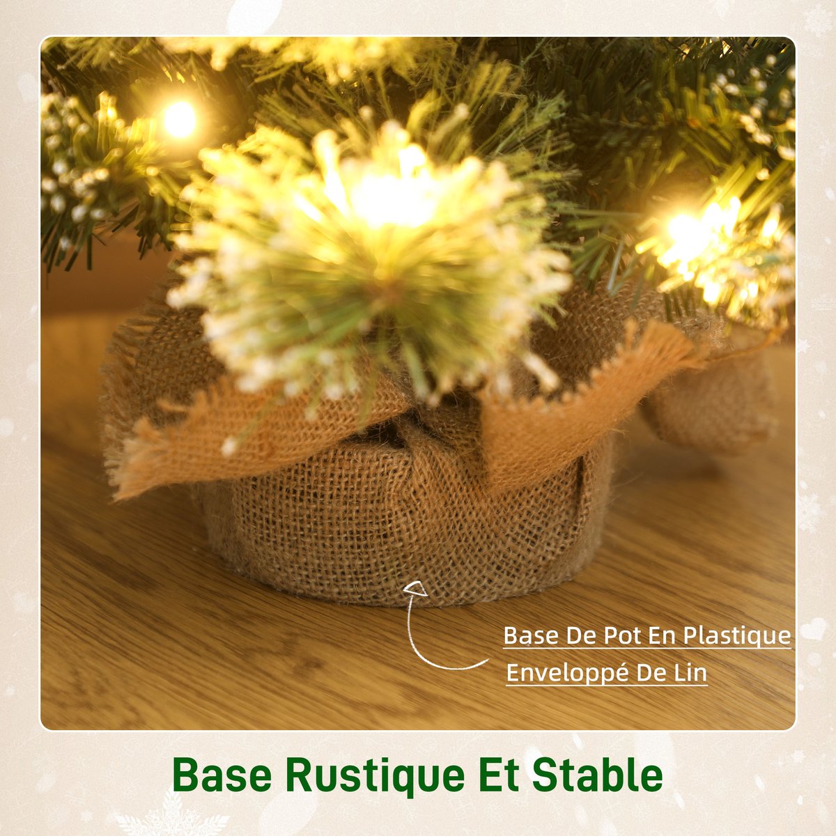 Sapin de Noël artificiel LED de table bureau H.60cm avec décorations toile de lin vert, HOMCOM