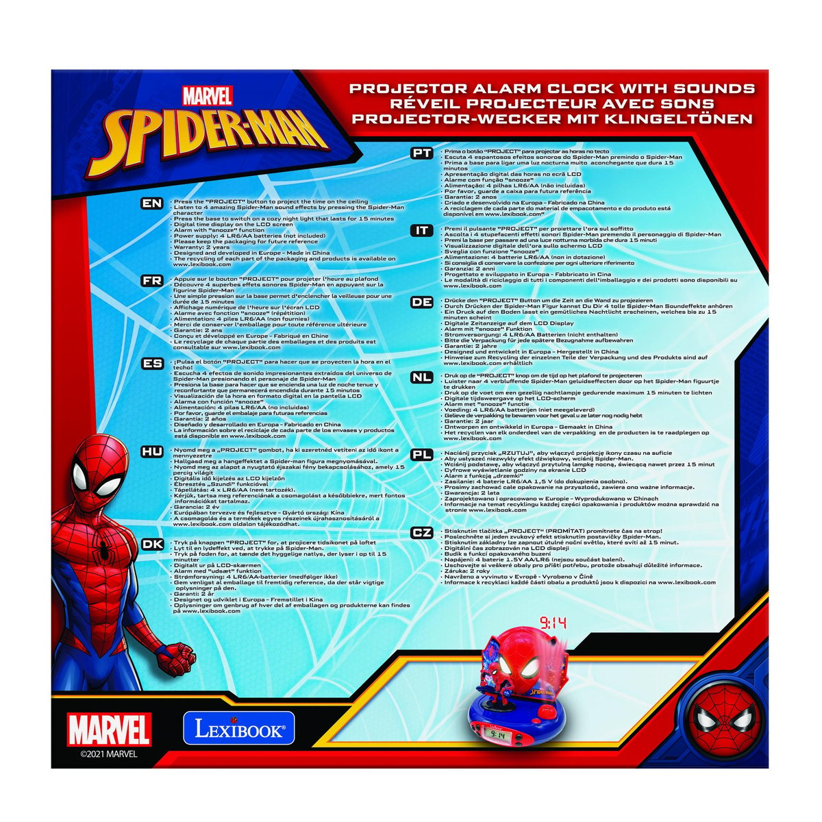 Réveil Projecteur SpiderMan 3D rouge, LEXIBOOK