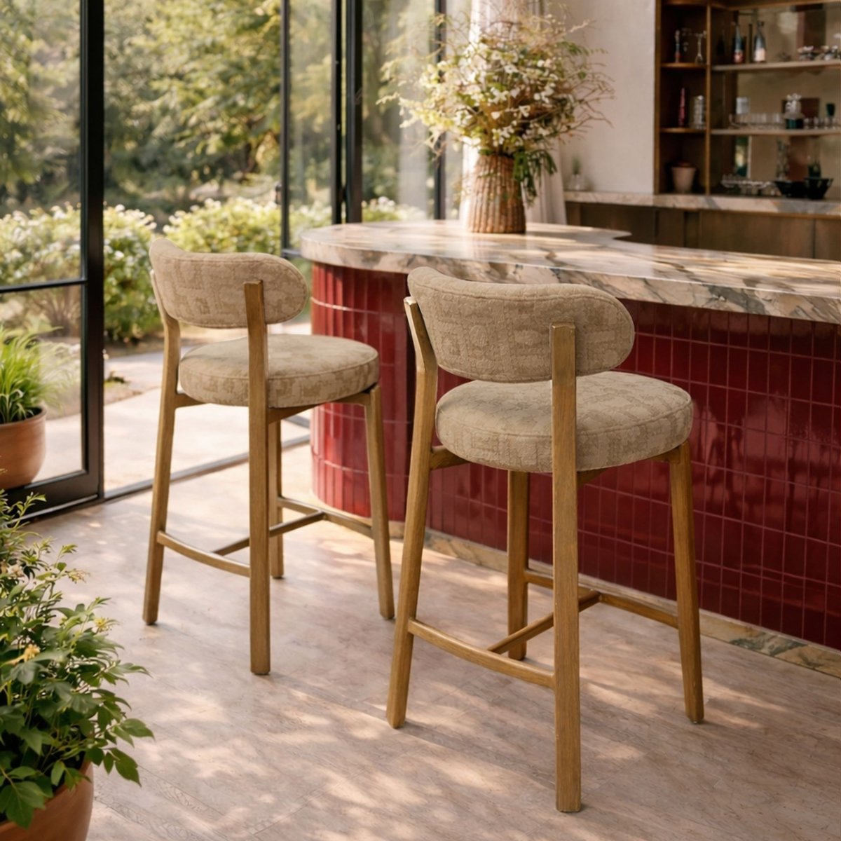 Lot de 2 chaises hautes pied bois et tissu, SUZIE beige, NOW'S HOME