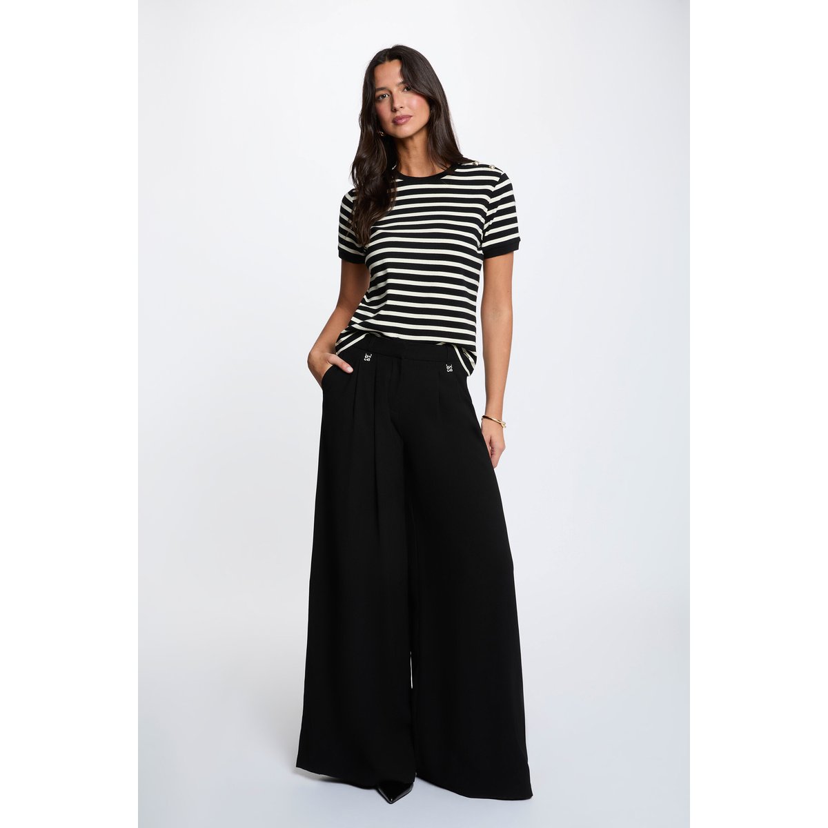 T-shirt rayé col rond noir, MORGAN